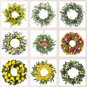 Artificial Eucalyptus Floral Wreath For Front Door Decor Sunflower Lemon Tulip Welcome Sign Wall Hanging Home Decor
