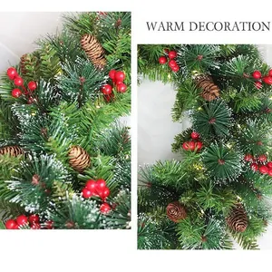 60cm cedar needle Christmas wreath with red berries, pine cones and warm LED lights