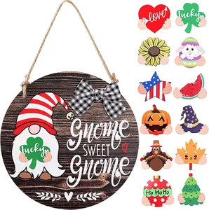 Round wooden door sign with 12 seasonal gnome icons for year-round home wall decoration