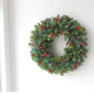 60cm cedar pine Christmas wreath with red berries, pine cones and warm LED lights