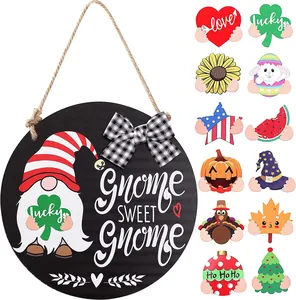 Interchangeable 12-in-1 gnome sweet gnome round wooden door sign for seasonal home decor