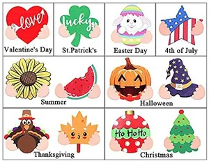 Interchangeable seasonal holiday wooden signs featuring heart, bunny, pumpkin and tree icons