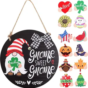 Gnome Sweet Gnome round wooden door sign with 12 seasonal interchangeable holiday icons