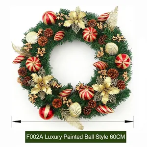 60cm Christmas wreath with red gold painted ornaments, cones and artificial flowers