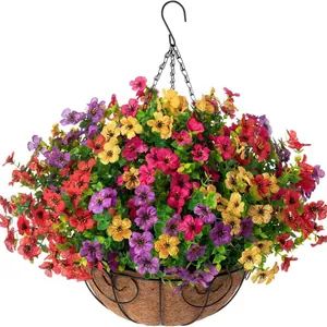 Hanging coco liner basket with colorful artificial petunia flowers and metal chains