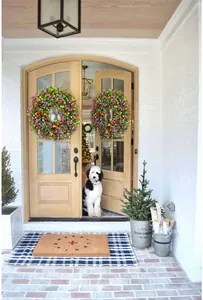 Detalle de coronas de primavera coloridas con eucalipto y paniculata en las puertas