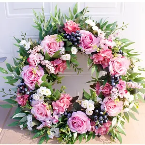 Artificial Flower Wreath With Satin Pink Roses Hydrangea Berry For Front Door Wall Wedding Party Home Pastoral Decoration