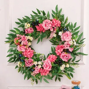 European style faux pink rose and hydrangea wreath for front door and wall decoration