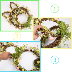 Osterhasen-Kranz aus Rattan mit bunten Eiern und grüner Bastschleife für die Türdekoration