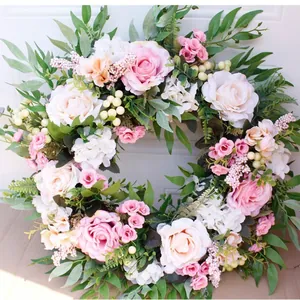 Pink and white rose flower wreath for wedding wall decoration and front door ornament