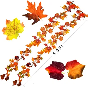 Detail of 5.9ft autumn maple leaf garland with realistic textures for Thanksgiving decor