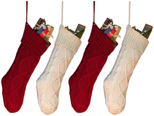 Close-up of 46cm knitted Christmas stockings with classic cable stitch and hanging loops