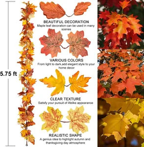 Detail of 5.75ft maple leaf garland showing realistic textures and autumn gradient colors