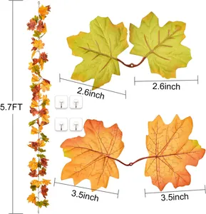 Detail of 5.7ft artificial maple leaf garland showing dimensions and wall hooks