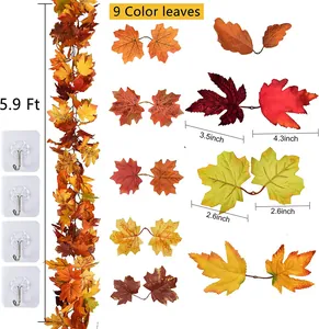 Detail of 5.9ft autumn maple leaf garland with hooks for Thanksgiving decoration