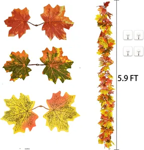 Detail of 5.9FT autumn maple leaf garland with hooks for festive home party decoration