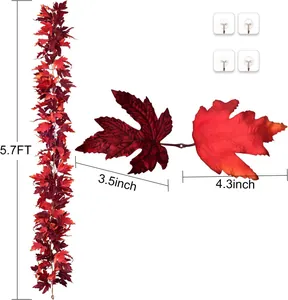 5.7FT artificial autumn maple leaf garland with hooks and detailed leaf size dimensions