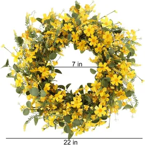 Kunstmatige Gele Madeliefje Krans Met Eucalyptus Bladeren Voor Voordeur Decoratie Lente Zomer Bloemen Huis Wanddecoratie Krans