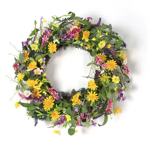 55cm Summer wreath with sunflowers, daisies, and lavender on a natural rattan base