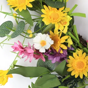 55cm sunflower and lavender daisy wreath with eucalyptus leaves on a natural rattan base