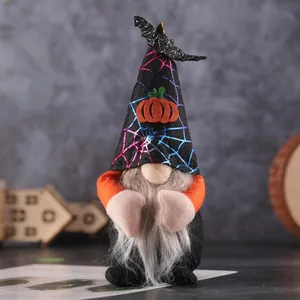 Halloween gnome plush with spider web hat, orange pumpkin and black bat decoration