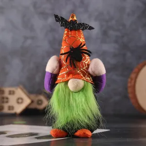 Plush Halloween gnome decoration with orange spider web hat and green faux fur beard