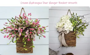 Detail of cream hydrangea door hanger basket wreath with polka dot ribbon on wood wall