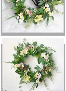 Detail of a floral spring wreath with daisies and green leaves on a plush white surface
