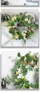 Detailed view of artificial daisy wreath with mixed white and yellow flowers on green foliage
