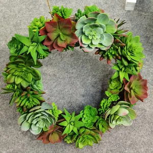 Artificial succulent wreath with green Echeveria and red tips for farmhouse front door