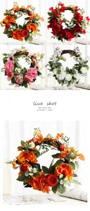 Detail of colorful artificial daisy wreath featuring high-quality silk rose and natural vine base