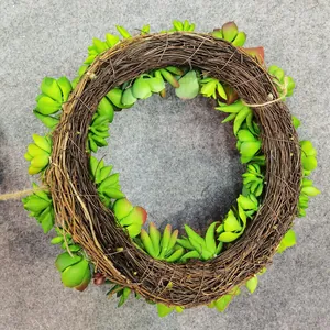 Artificial succulent wreath with natural grapevine base for farmhouse front door decor