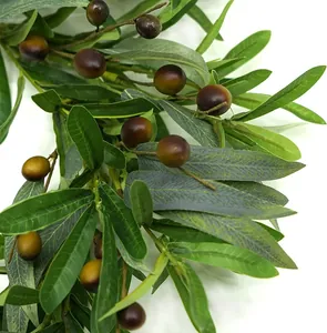 Macro shot of artificial olive branch with realistic green leaves and dark purple olives