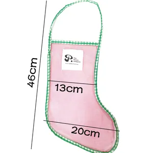 Pink mesh Christmas stocking gift storage bag with green gingham trim 46cm size