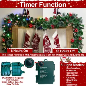 2.7m Christmas garland with LED lights, pine cones, red berries and 8 lighting modes