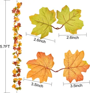 Detail of 5.7FT artificial maple leaf garland showing leaf widths of 2.6 and 3.5 inches