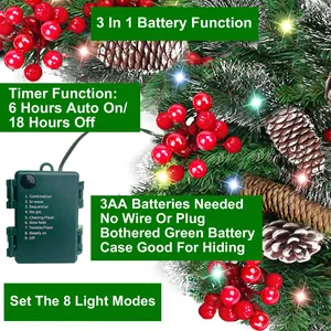 2.7m Christmas garland with LED battery box controller, pine cones, and snowy needles