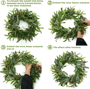 Artificial olive leaf wreath for front door decor featuring green leaves and brown fruits