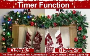 Detail of pre-lit Christmas garland with timer function showing lights on and off