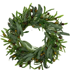 Realistic artificial olive leaf wreath with green foliage and dark olives for front door decor