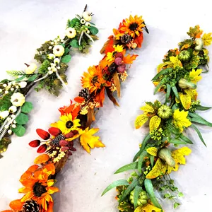 Autumn wreaths with sunflowers, pumpkins and maple leaves for Thanksgiving wall decor