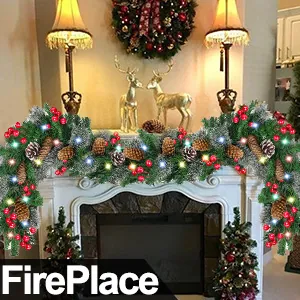 Close-up of a 2.7m frosted Christmas garland with red berries and LED lights on fireplace