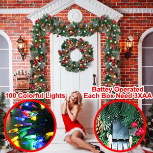 Detail of 2.7m Christmas garland with pine cones and colorful LED battery compartment