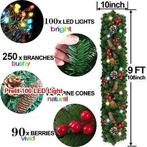 Detail showing 100 LED lights, 250 branch tips, pine cones and berries on Xmas garland