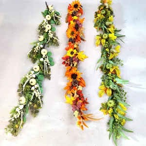 Artificial Autumn Garland White Pumpkin Maple Leaf Sunflower Pinecone For Thanksgiving Halloween Wedding Home Table Decor