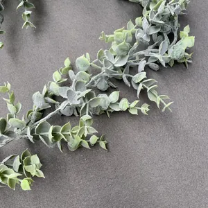 Macro detail of artificial eucalyptus vine with frosted grey-green leaves on grey background