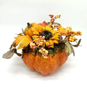 Artificial PVC Pumpkin Tabletop Ornaments With Maple Leaves Sunflowers Berries For Halloween Thanksgiving Autumn Harvest Home Decor