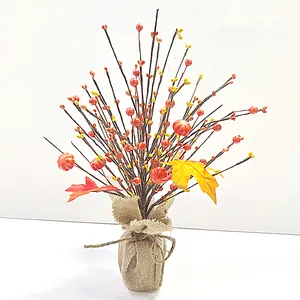 Künstlicher Herbst Ahornbaum Mit Mini Kürbissen Beeren Jutebasis Für Halloween Erntedankfest Heim Schreibtisch Dekoration PVC Deko
