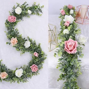 Guirnalda de eucalipto artificial con rosas de seda para decoración de bodas y hogar
