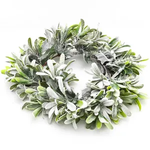 Artificial flocked rabbit ear leaf wreath with white berries for Christmas home decor